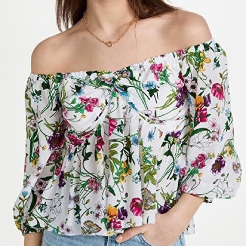 L'AGENCE Elena Silk Blouse Small Botanical Floral Off the Shoulder Top